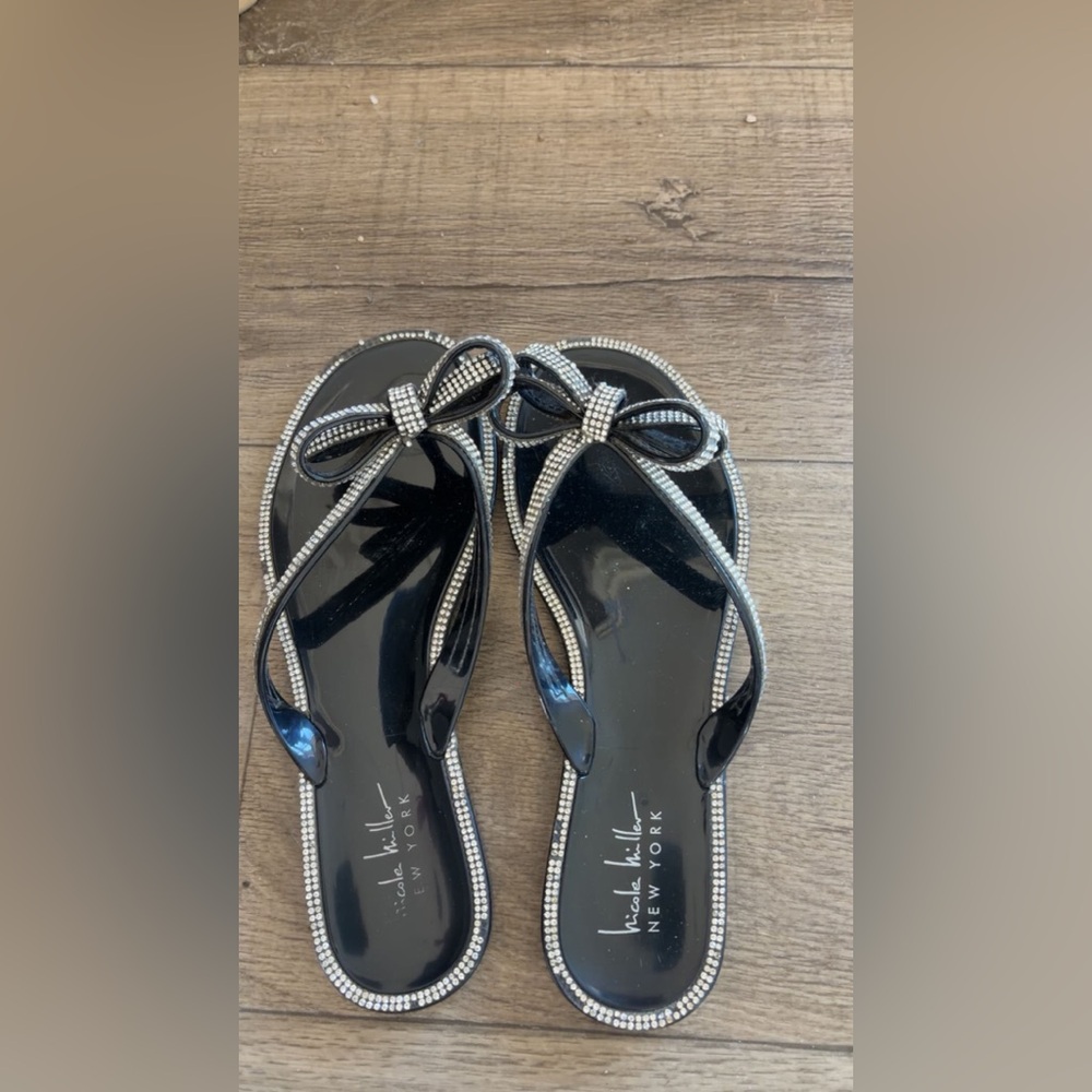 Nicole Miller Black Bow Jelly Sandals with Crystal Trim: Size 7 US, 38 EUR